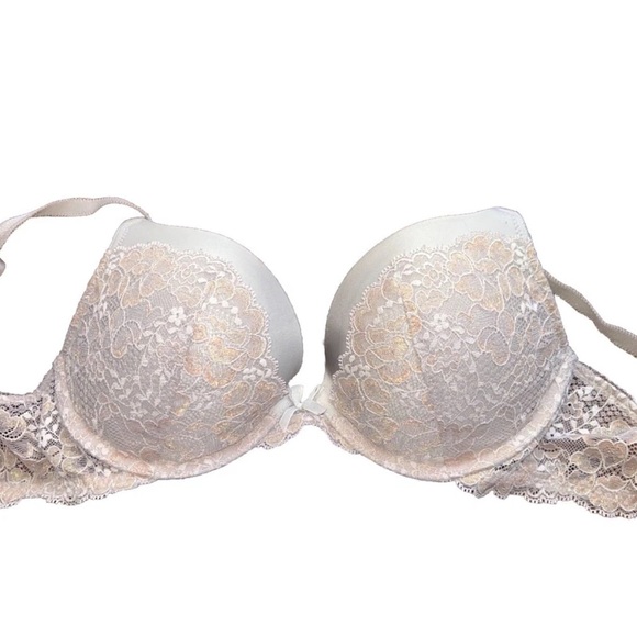 Victoria's Secret Angels Beige Padded Push Up Bra Plunge Lace Underwire Size 34C - Picture 1 of 12